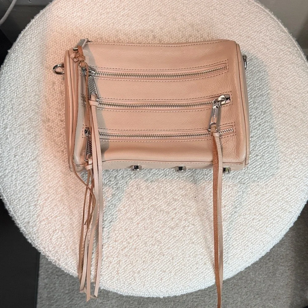 Rebecca Minkoff leather zip tassel crossbody nude cream silver